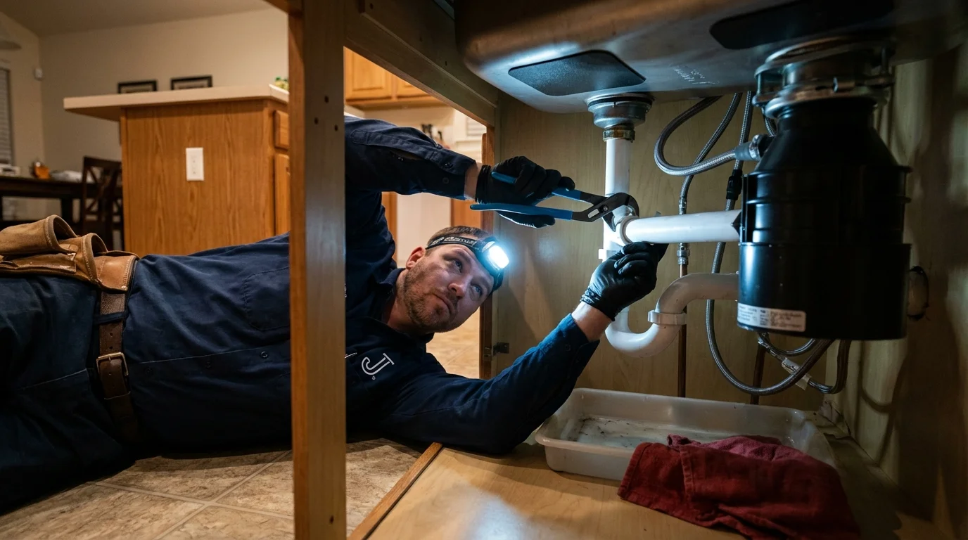 P-trap and supply line connections under a kitchen sink showing a common leak point in Waynesboro, VA